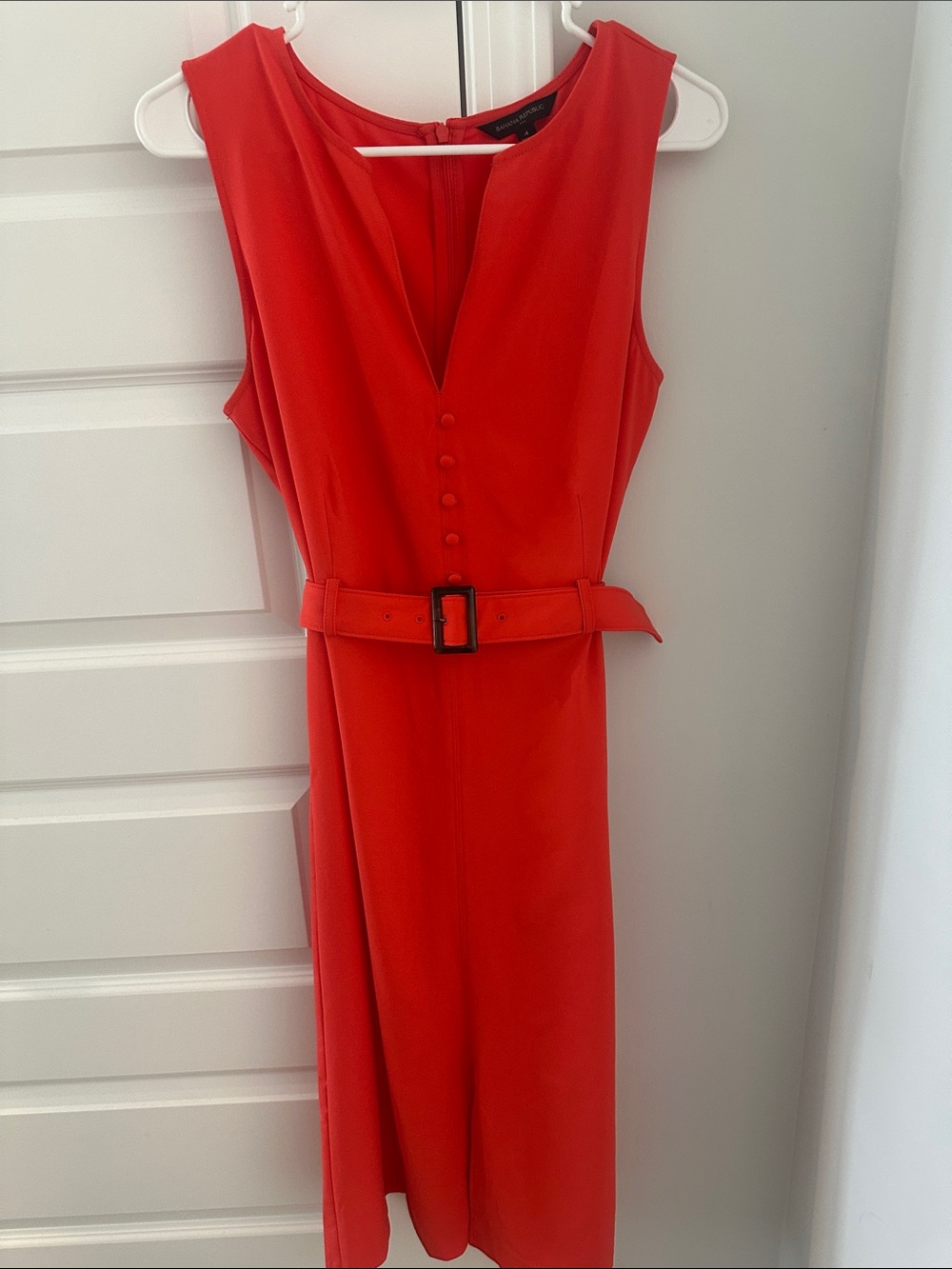 Banana Republic Sleeveless Red Belted Sheath Dress with V-Neck